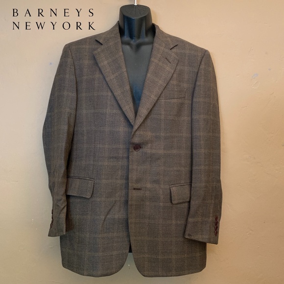 Barneys New York Plaid Wool Blazer 40S Made in Italy 2 button Ventless 100% wool